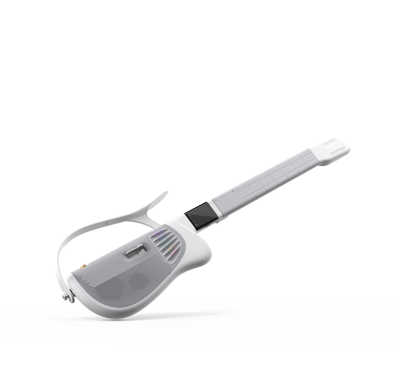 Pearl White Melo-D guitar viewed from an angle